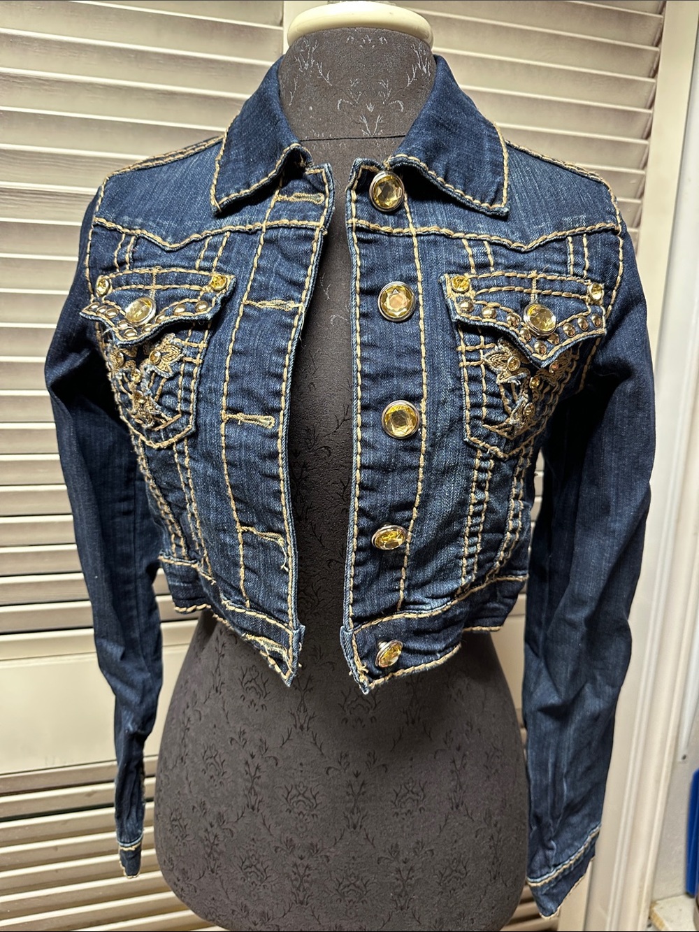 L.A. idol Dark Blue Denim Cropped Jacket with Gold Buttons